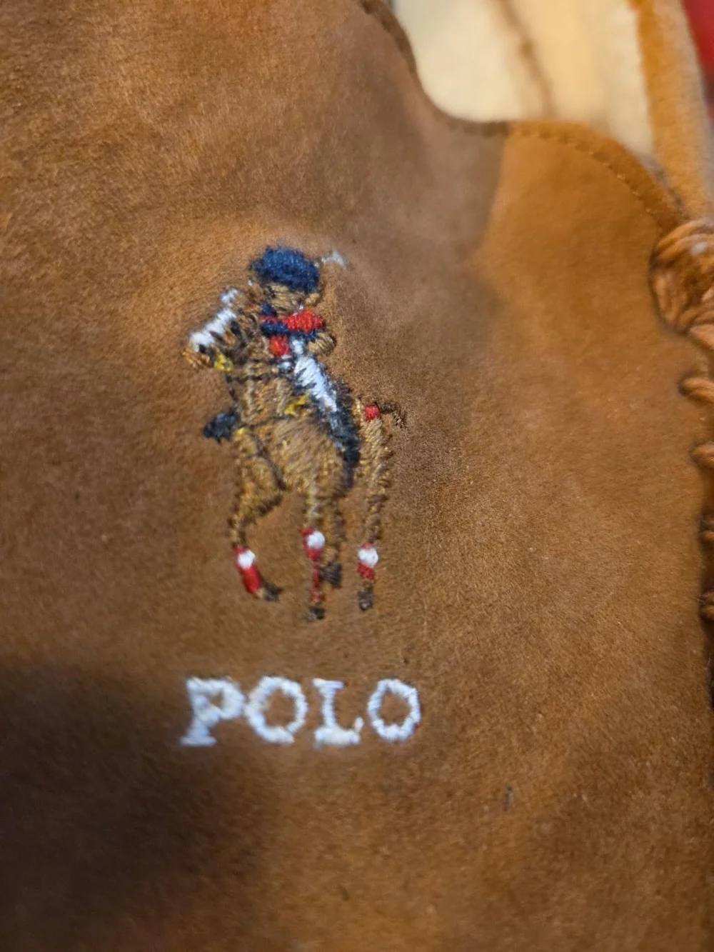 Polo by Ralph Lauren Men’s Brown Suede Chase Bear Faux Fur Moccasin Slippers
